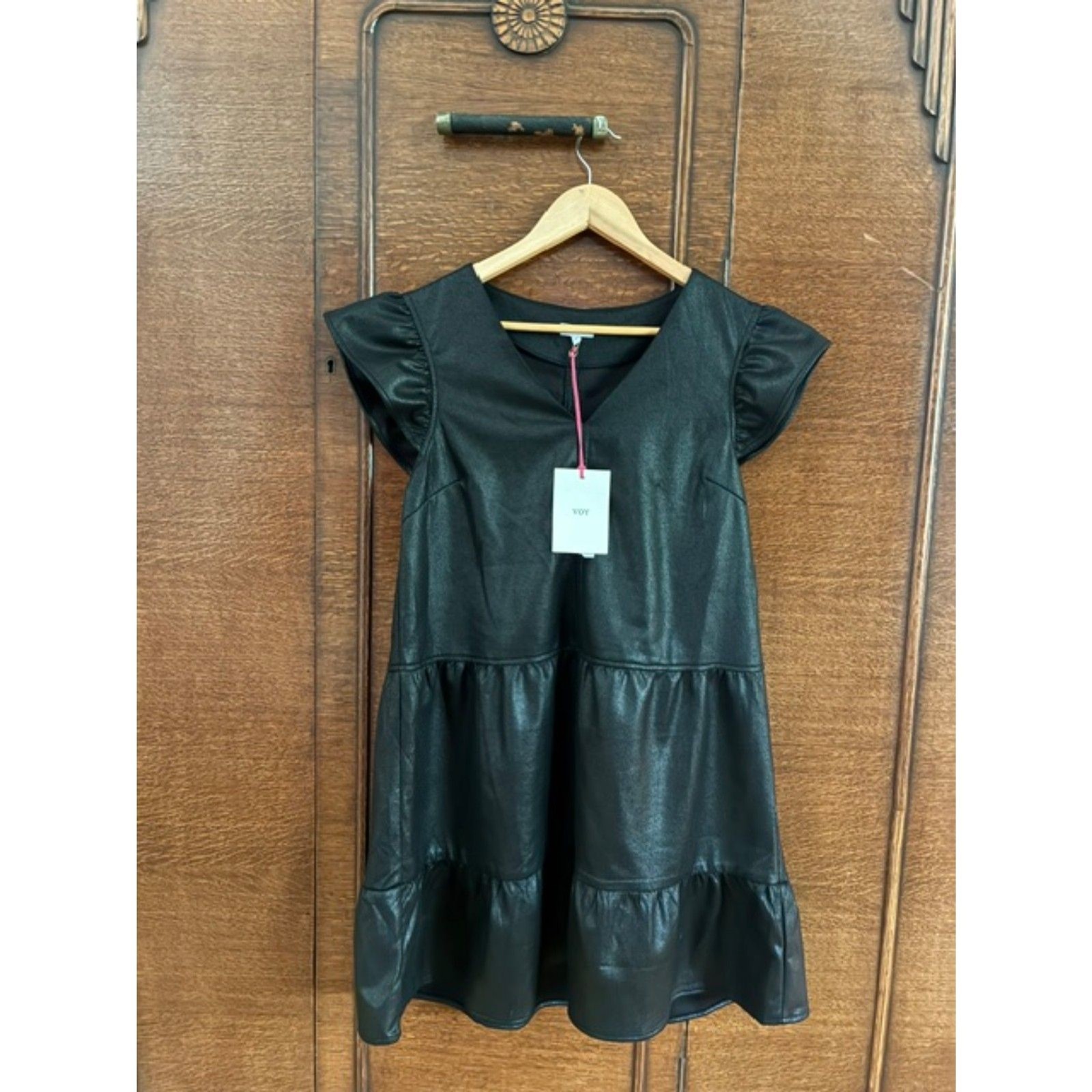 VOY Stella Tiered Dress Small NWT Black Flutter Sleeve Buttery Soft Mini Dress