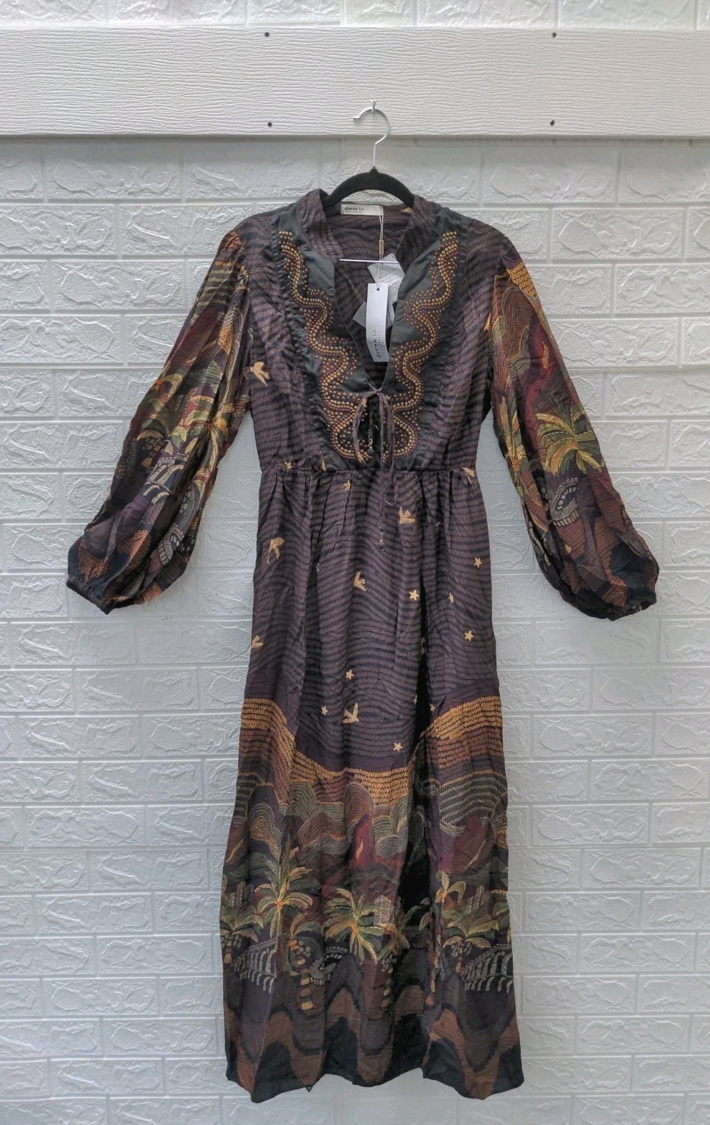 New dress to Embroidered Dress With Carioca Scene Print Brown Sz PS
