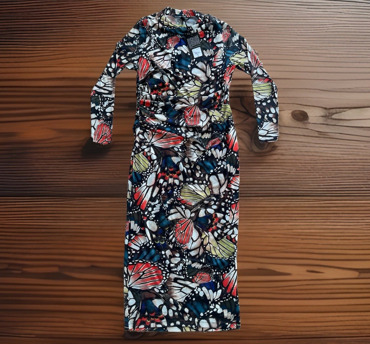 NWT ($90) ASHLEY GRAHAM Sz 0X Butterfly AOP Bodycon Semi-Sheer Lined Maxi Dress