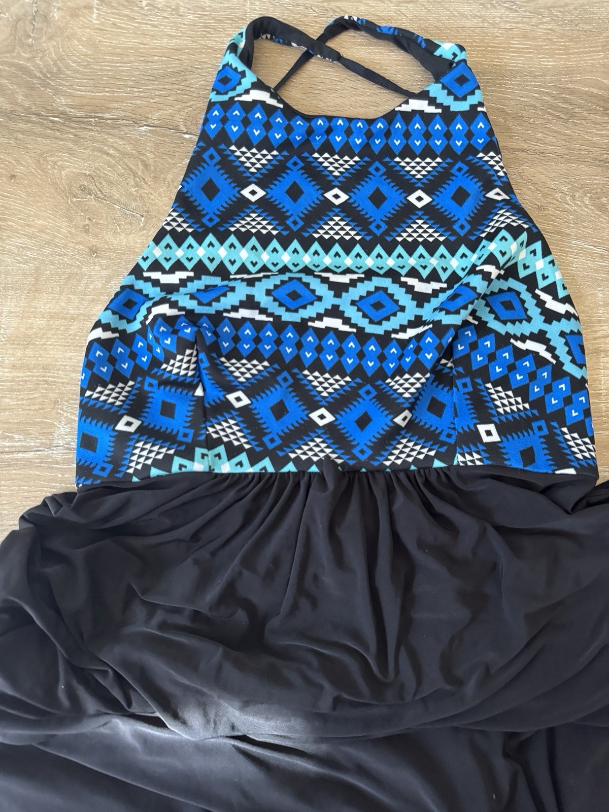 Tbags Los Angeles Aztec Halter Maxi Dress Open Back Size M Black & Blue