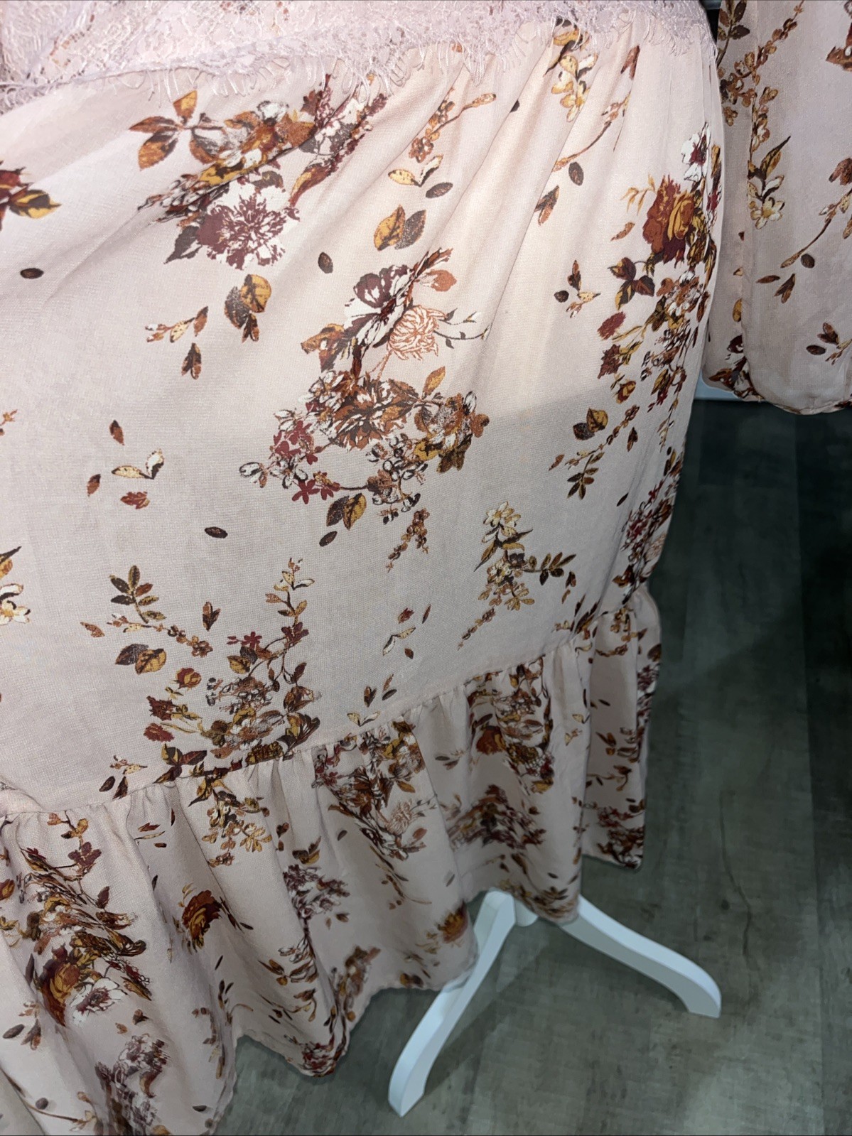 Bohemian Pink Floral Sheer Illusion Overlay Dress Cottage Core High Neck Sz L