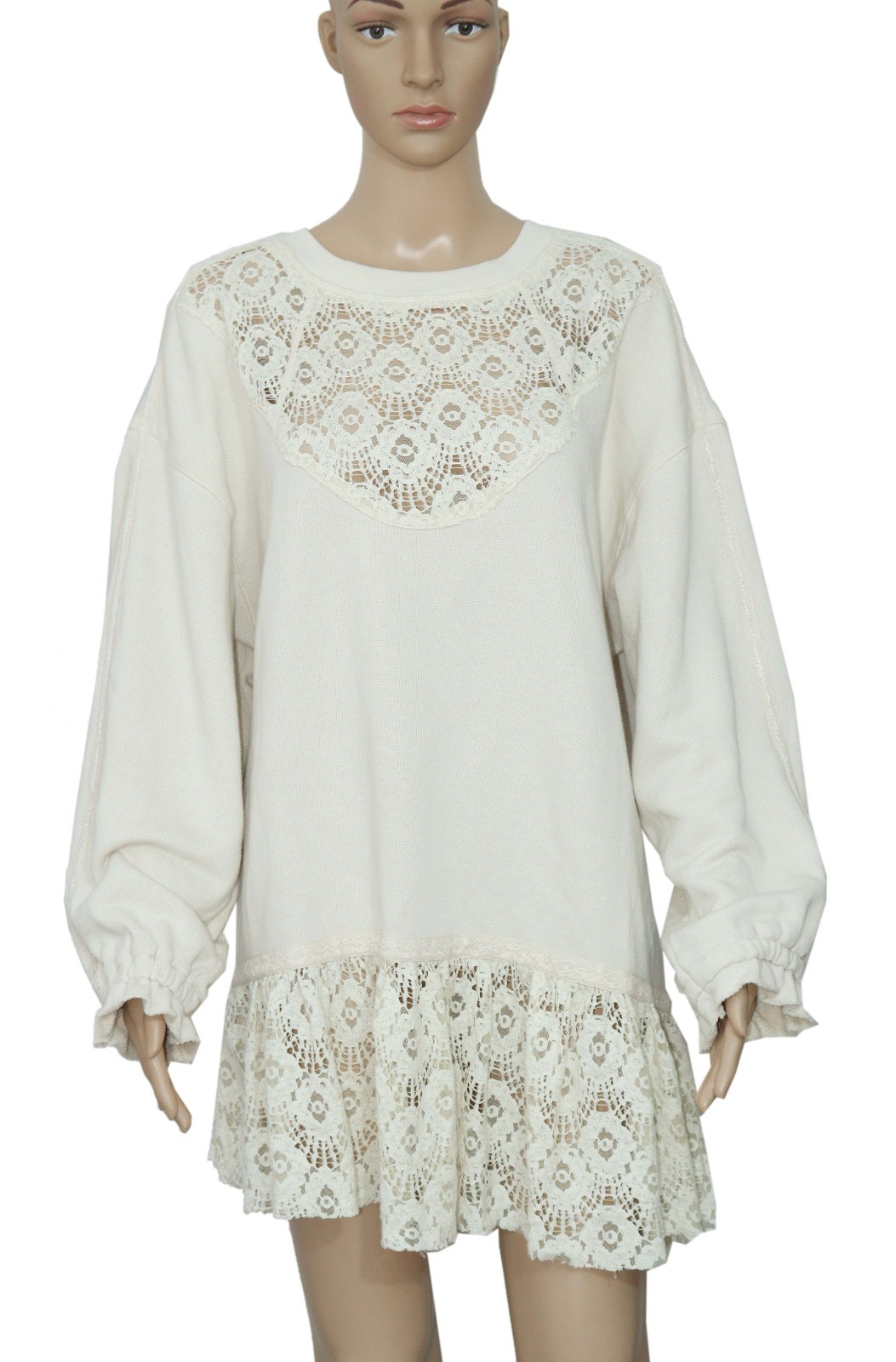 Free People Belle Sweatshirt Tea Crew Neck Oversized Pullover Ruffle Dress New L