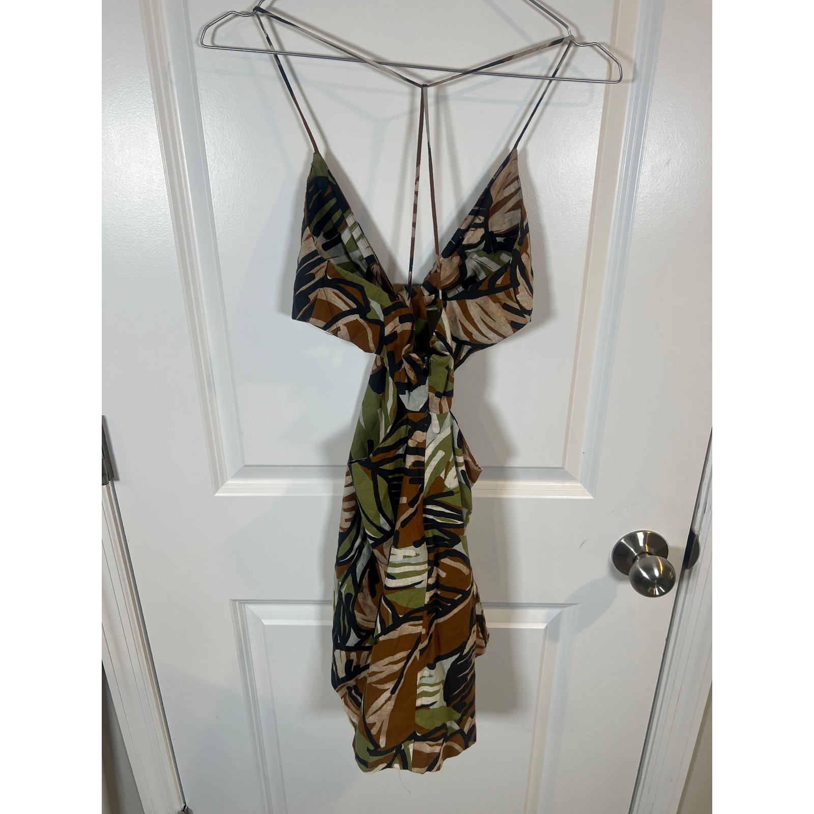 Zara Womens Mini Dress Cutout Knot Front Tropical Leaf Print Brown Green Size S