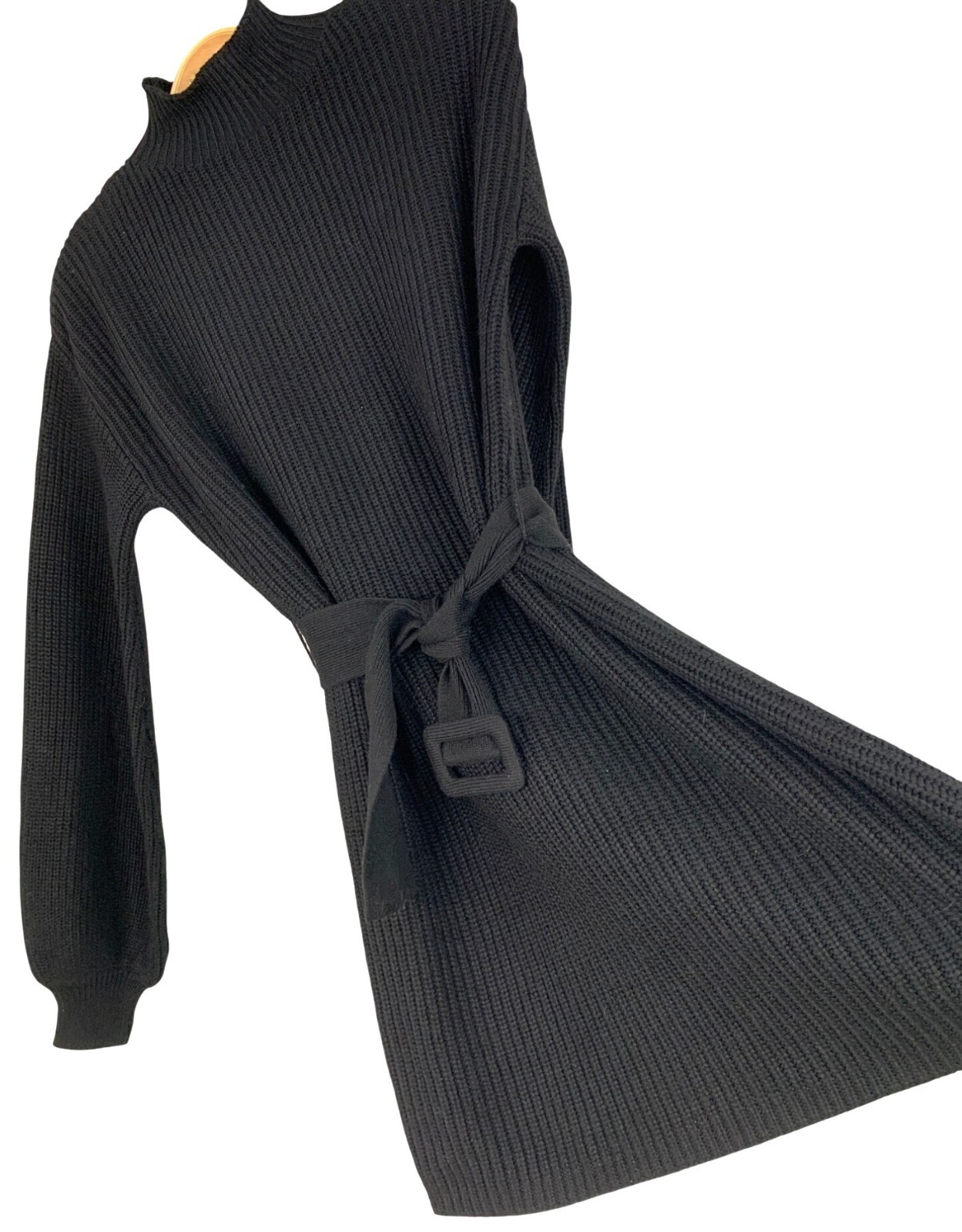 NWT Mock Rib Sweater Dress Poof Sleeves Rachel Parcell S Black RX10350 $178