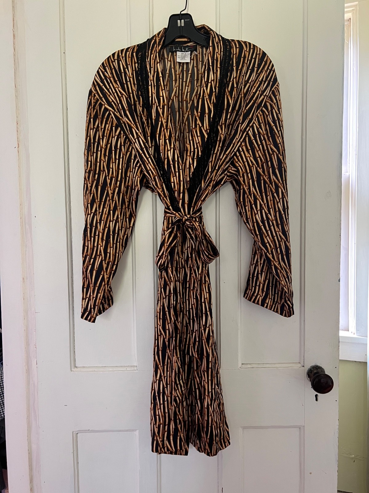 Nicole Miller Bamboo Print 100% Silk Wrap Robe/Dress With Lace Detail M