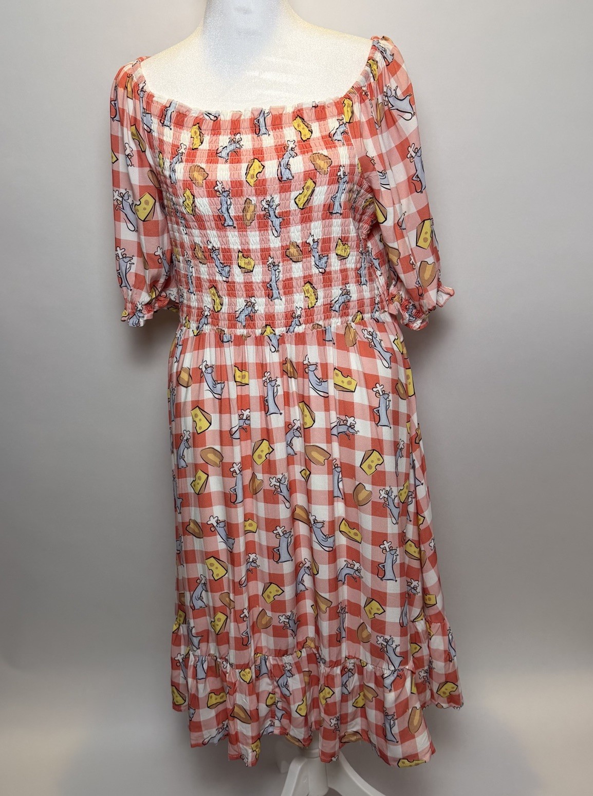 Pixar Ratatouille Remy Gingham Smocked Off-Shoulder Midi Dress Women’s XL