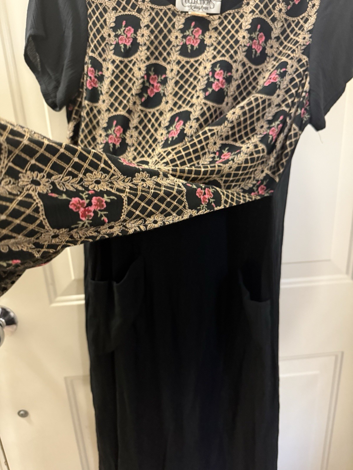Vintage Collections by Inafinn Black Floral Shift Midi Dress Pockets Size M