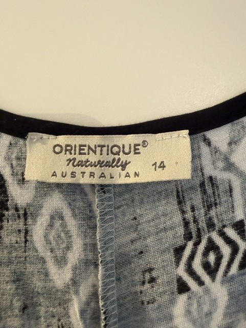 Orientique sleeveless blue / grey /black bubble shape Sun Dress Sz 14, Exc cond
