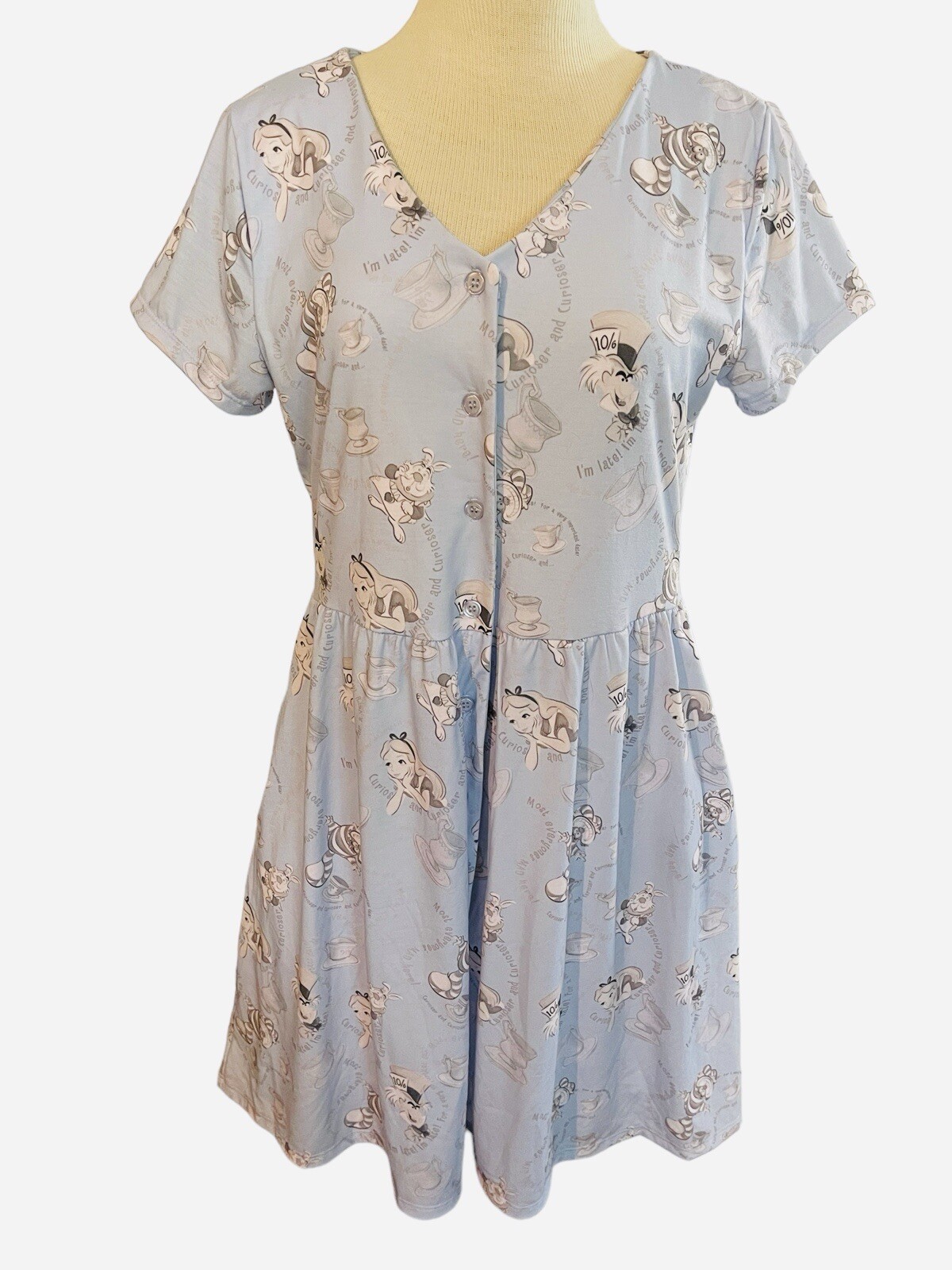 Disney Alice In Wonderland Medium Quotes Button Front Blue Gray Dress Hot Topic