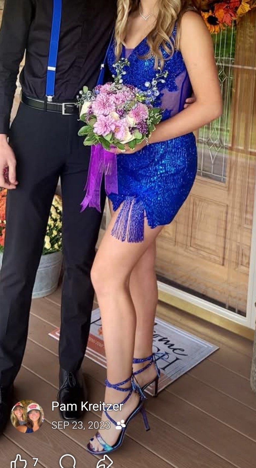 Blue Sequin Beaded Sheer V-Neck Sleeveless Mini Dress Fringe Hem