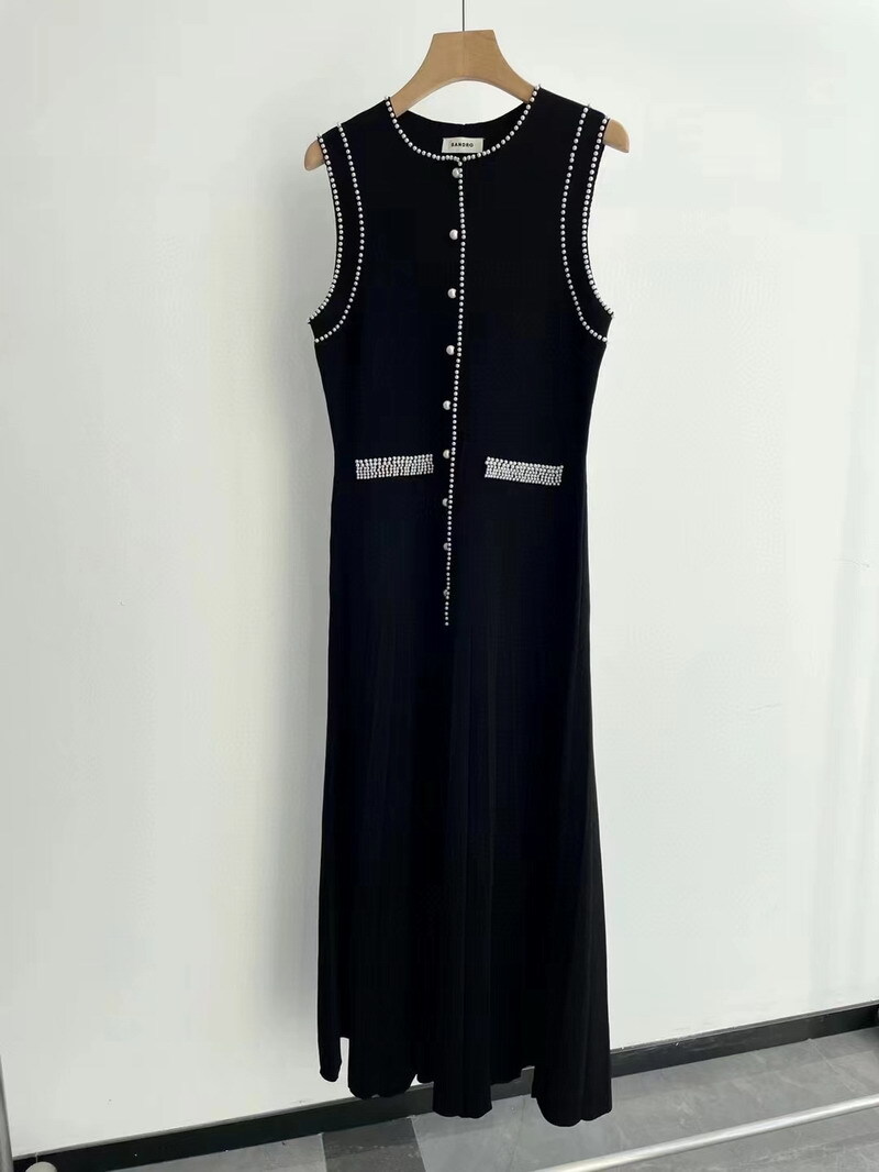 Sandro Color contrast Round neck Pearl edge sleeveless Slim-fit Knit Dress