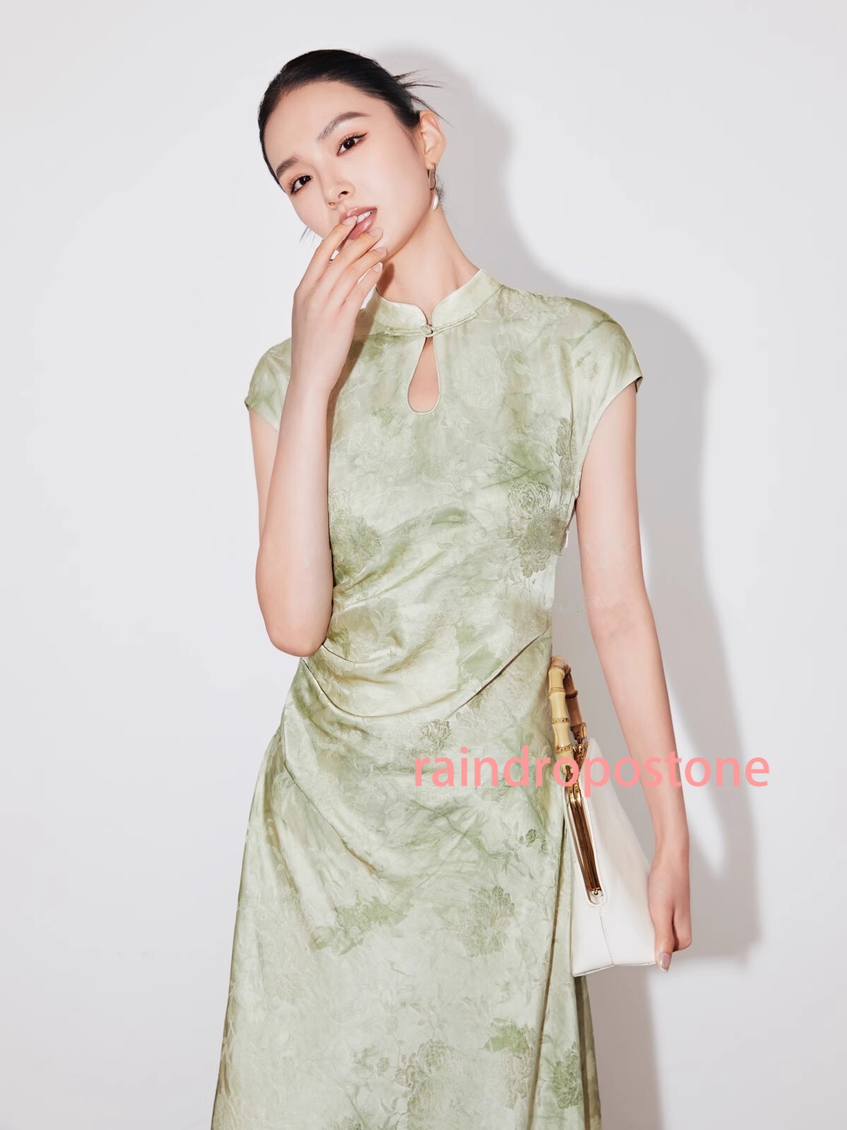Womens Stand Collar Floral Printed Mid Long Dress Sleeveless Retro Chinese Style