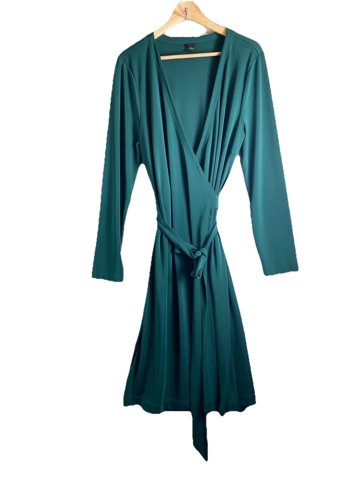 Ann Taylor Wrap Dress Size 16 Green Tie Waist Long Sleeve Classic Work Modest