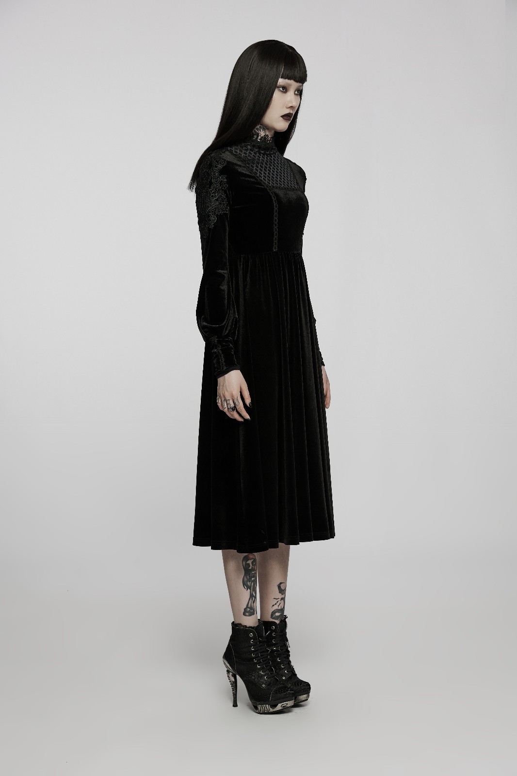 Punk Rave Black Velvet High Neck Corporate Goth Sheath Pencil Midi Dress