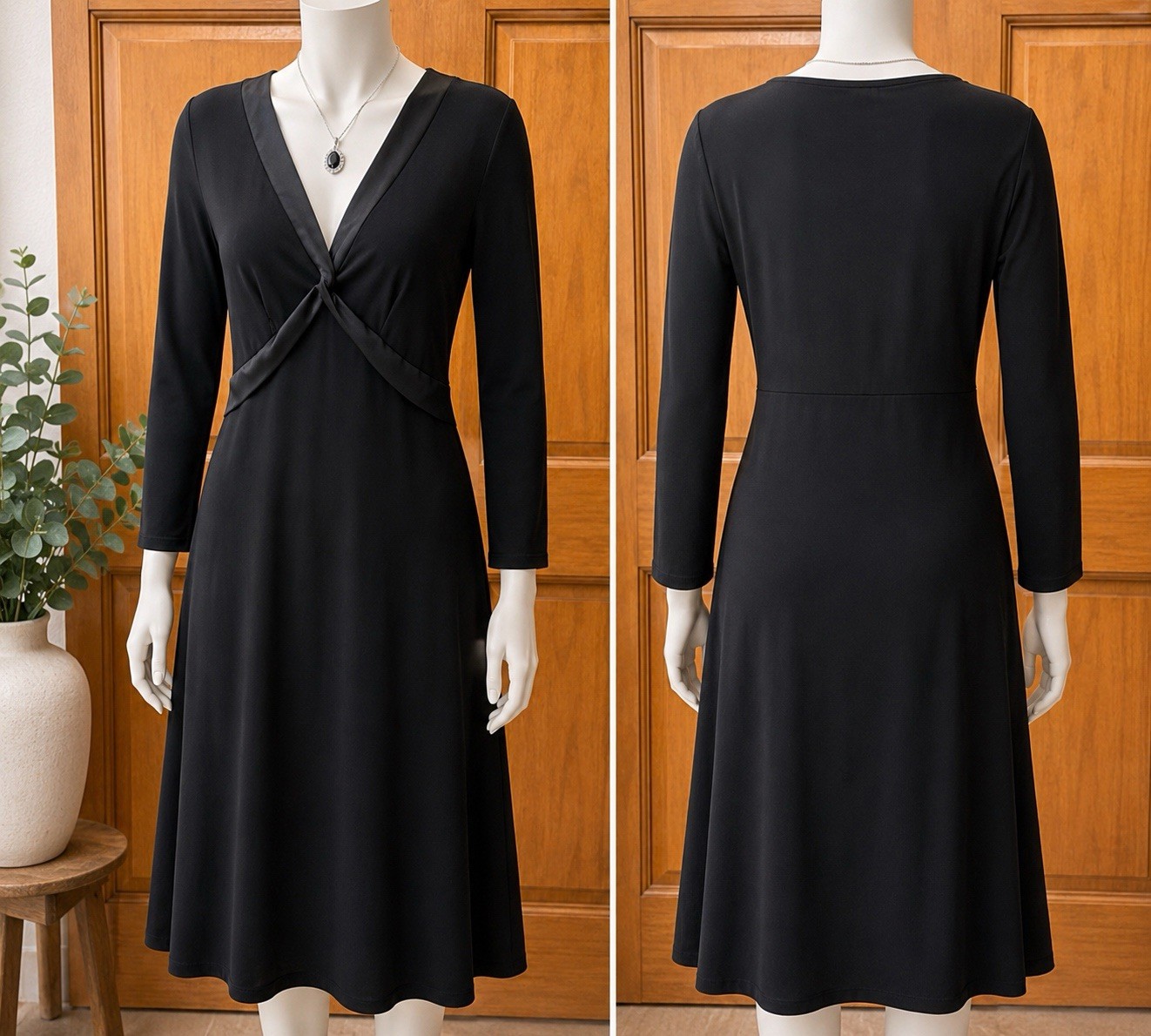 BCBG Paris Black Twist Front Midi Dress Long Sleeve Stretch Knit Women’s S