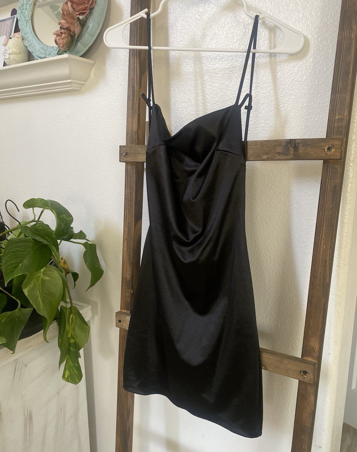 Black Satin Cowl Neck Strappy Sleeveless Slip Mini Dress M