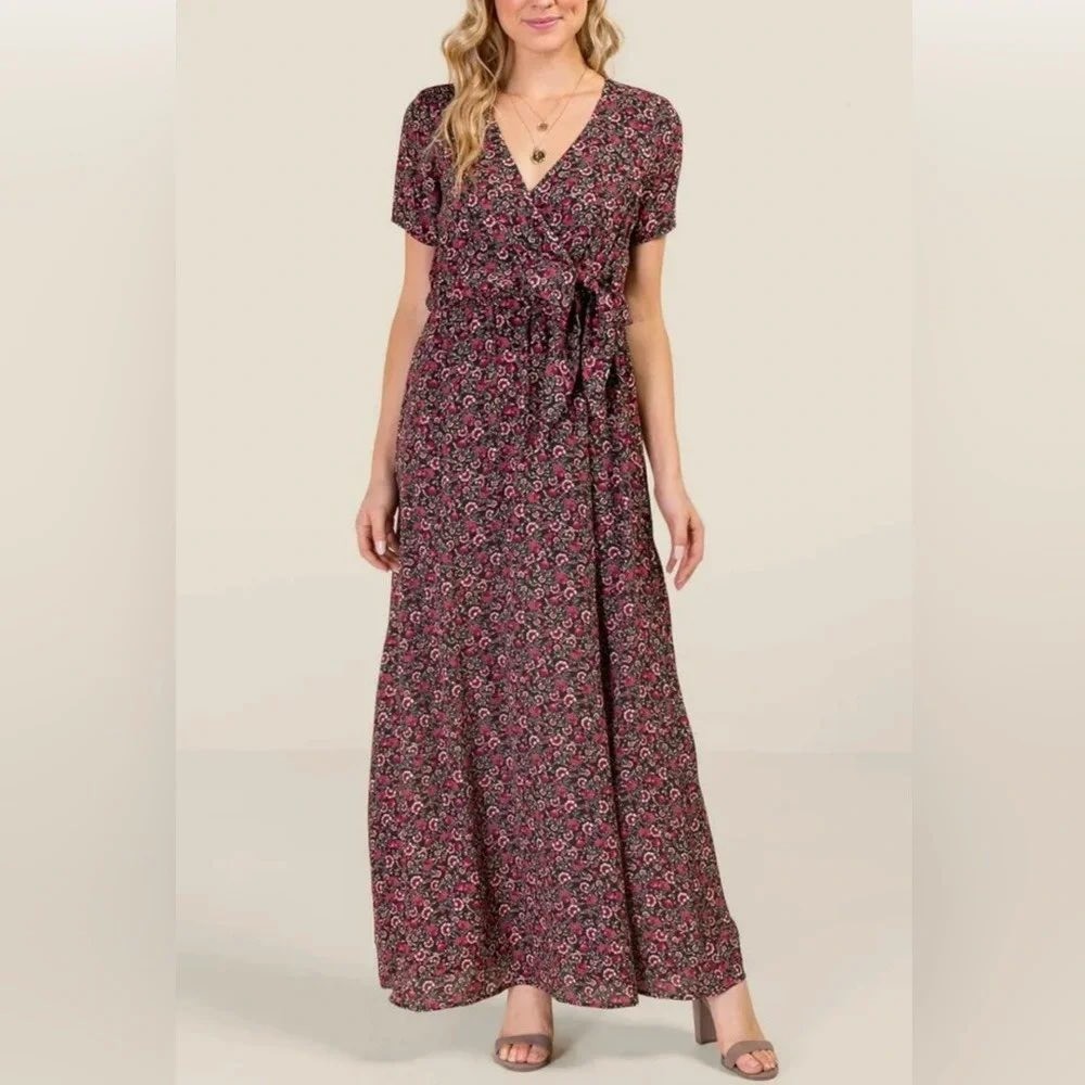 Francescas Miami Black Floral Print Faux Wrap Tie Maxi Dress Boho Peasant L