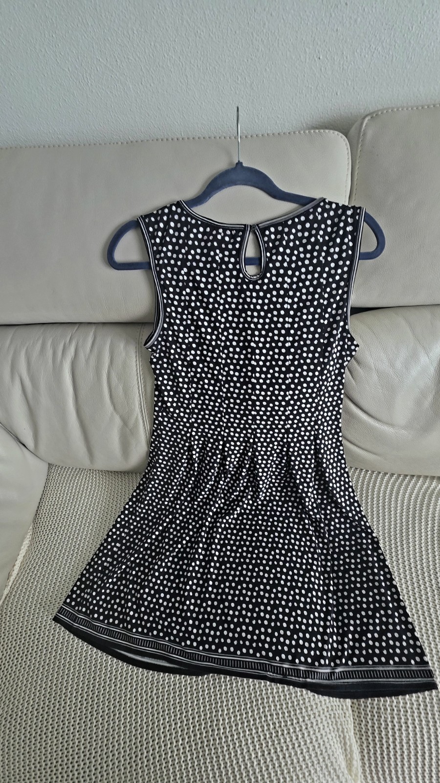 Max Studio Petite sleeveless stretch polka dot A-line dress MP with stripe trim