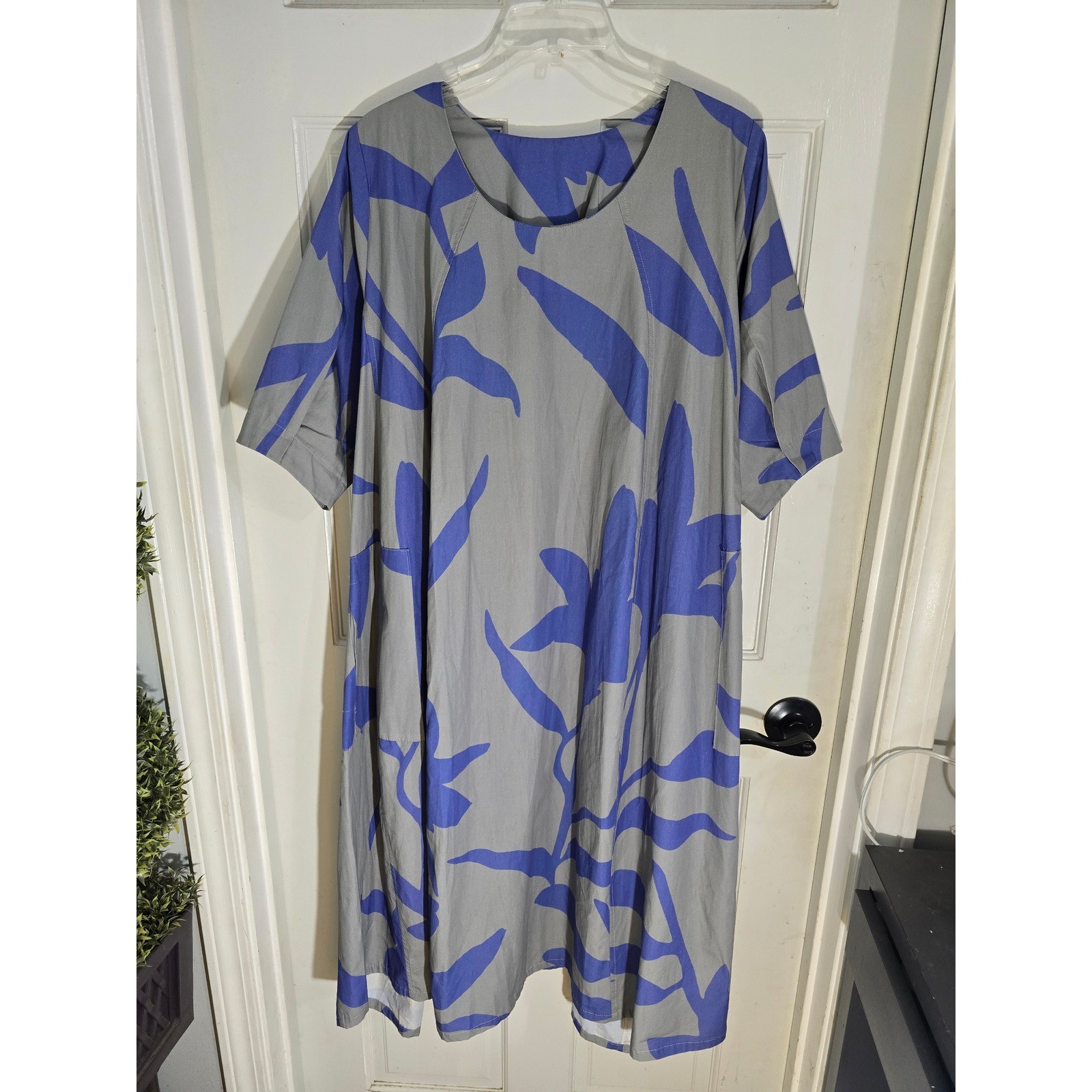 Gershon Bram Grey Blue Abstract Leaf Print Cotton Lagenlook Shift Dress Size M