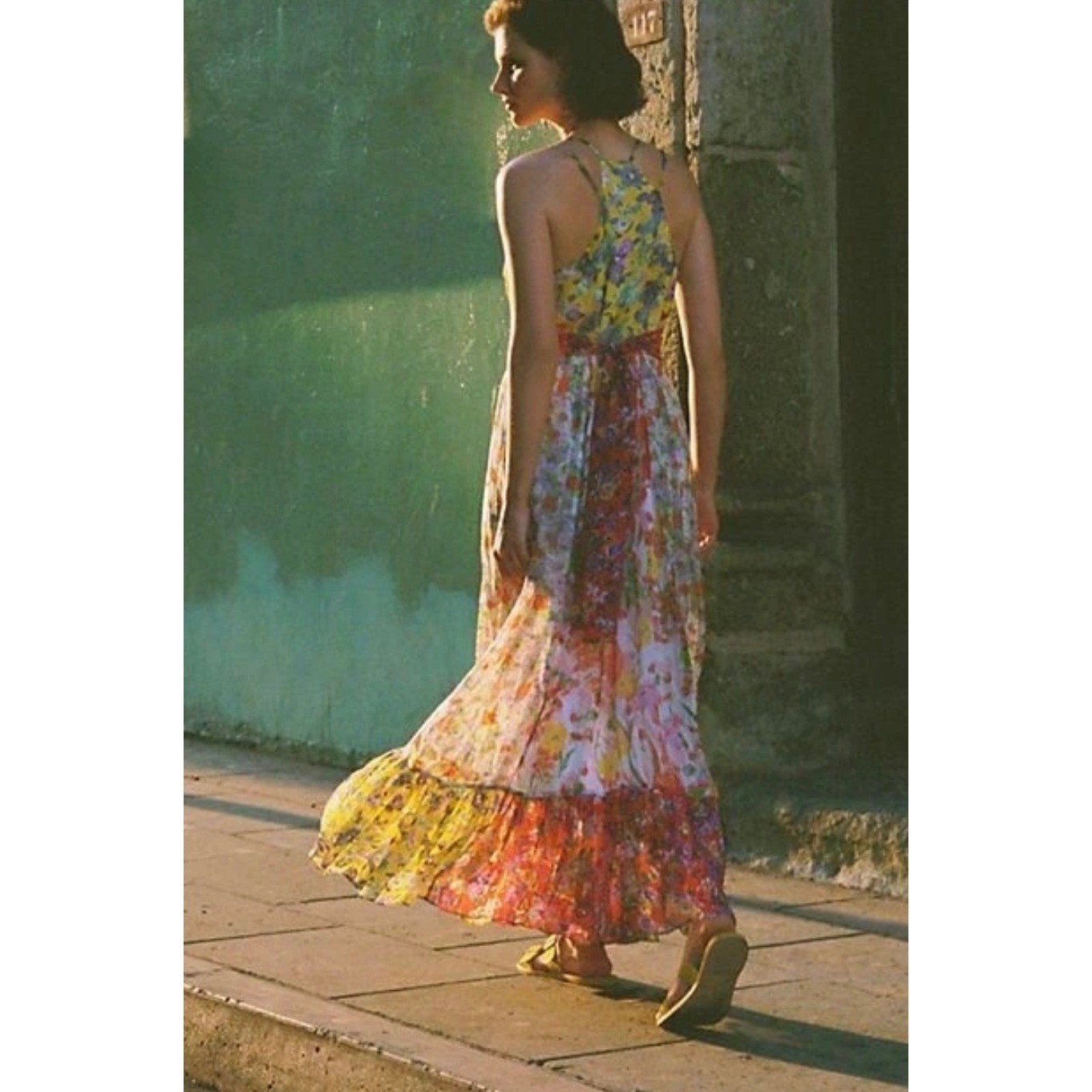 Anthropologie Floral Patchwork Maxi Dress Multi Color Boho Tiered V-Neck 6