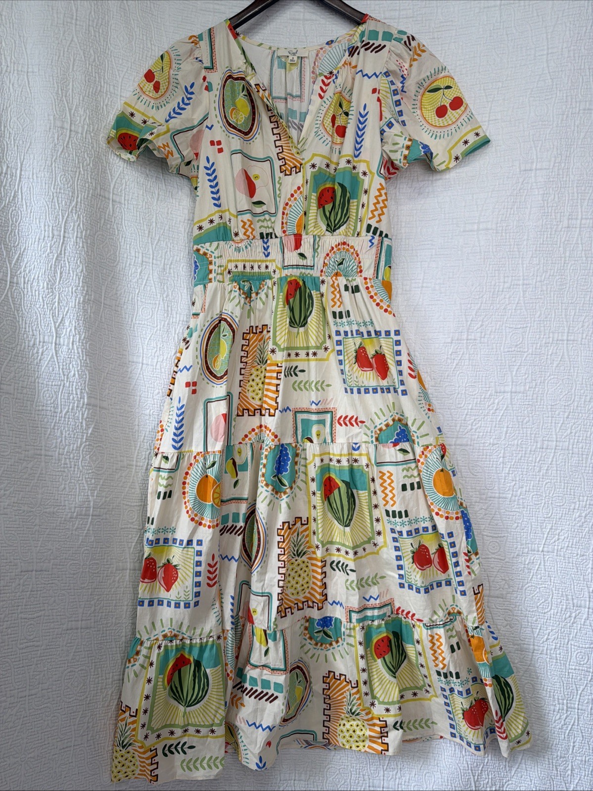 Easel Fruit Print Cotton Tiered Midi Dress Small Short Sleeve Garden Cottagecore