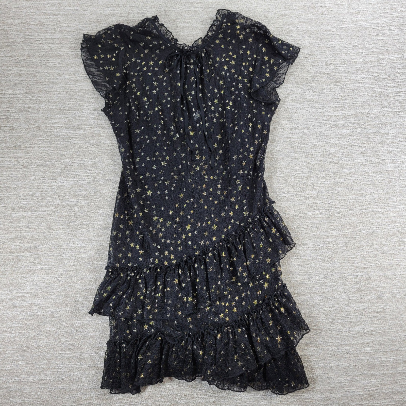 Lost + Wander Estella Metallic Ruffle Mini Dress S Black Sheer Celestial Stars