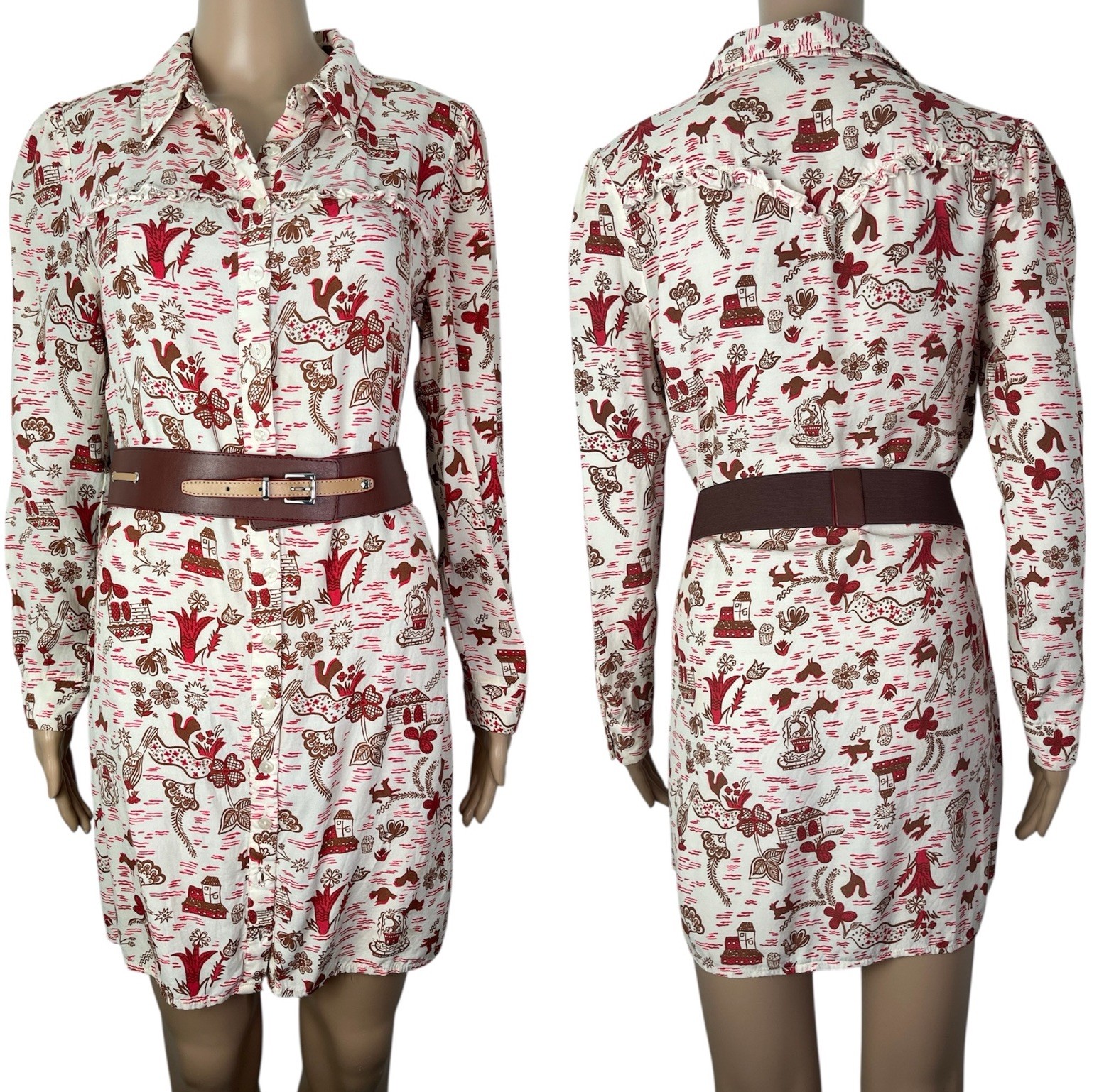 ModCloth Floral Print Cream Brown Button Up Short Shirt Dress Tunic Size Small