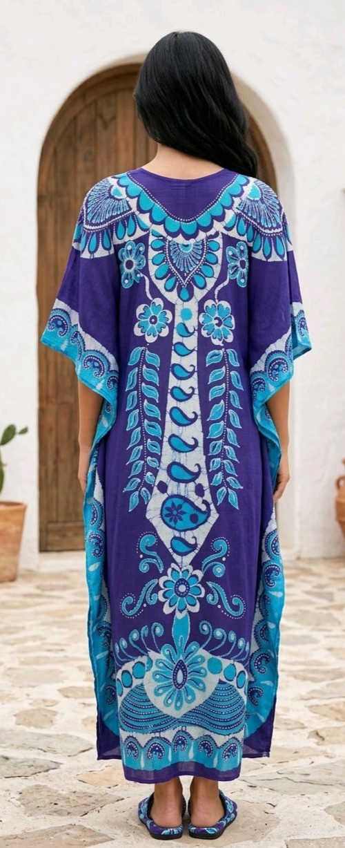Batik Kaftan Dress Coverup Muumuu Handmade 100% Cotton Tropical Beachy Tribal L
