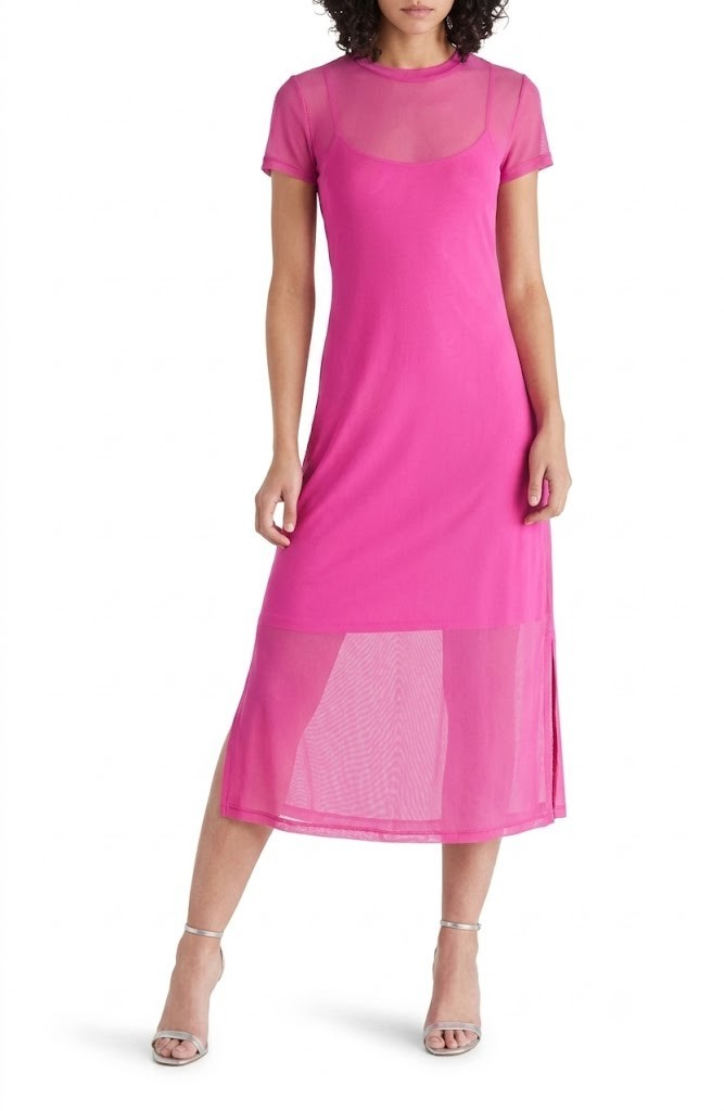 Steve Madden Womens Bright Rose Sheer Stretch Nola Mesh T-Shirt Dress Size S