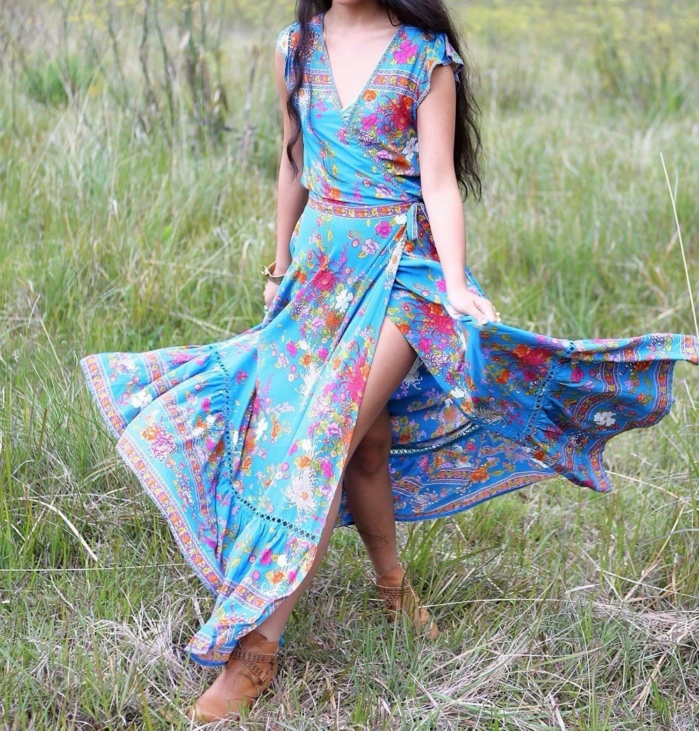 NWT Tulle & Batiste LOLA WRAP MAXI DRESS BLUE JEWEL Size XS Fairy Boho Floral
