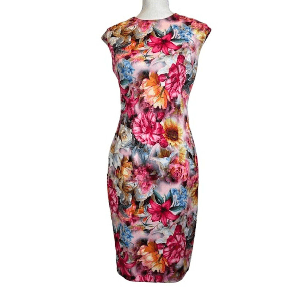 Alexia Admor Floral Scuba Dress Multi Watercolor Back Zip Sleeveless Size Small