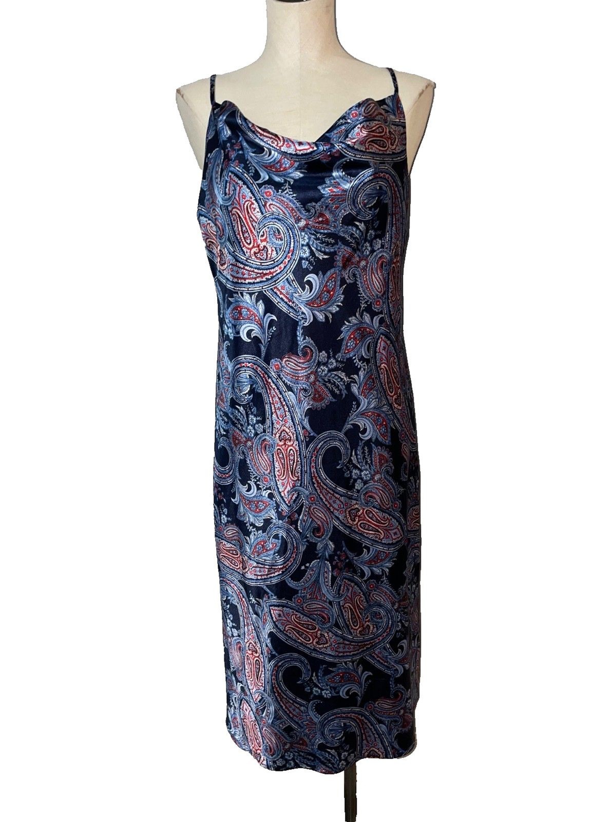 Emma & Michele Women’s Satin Paisley Slip Midi Dress size S Cowl Neck Elegant