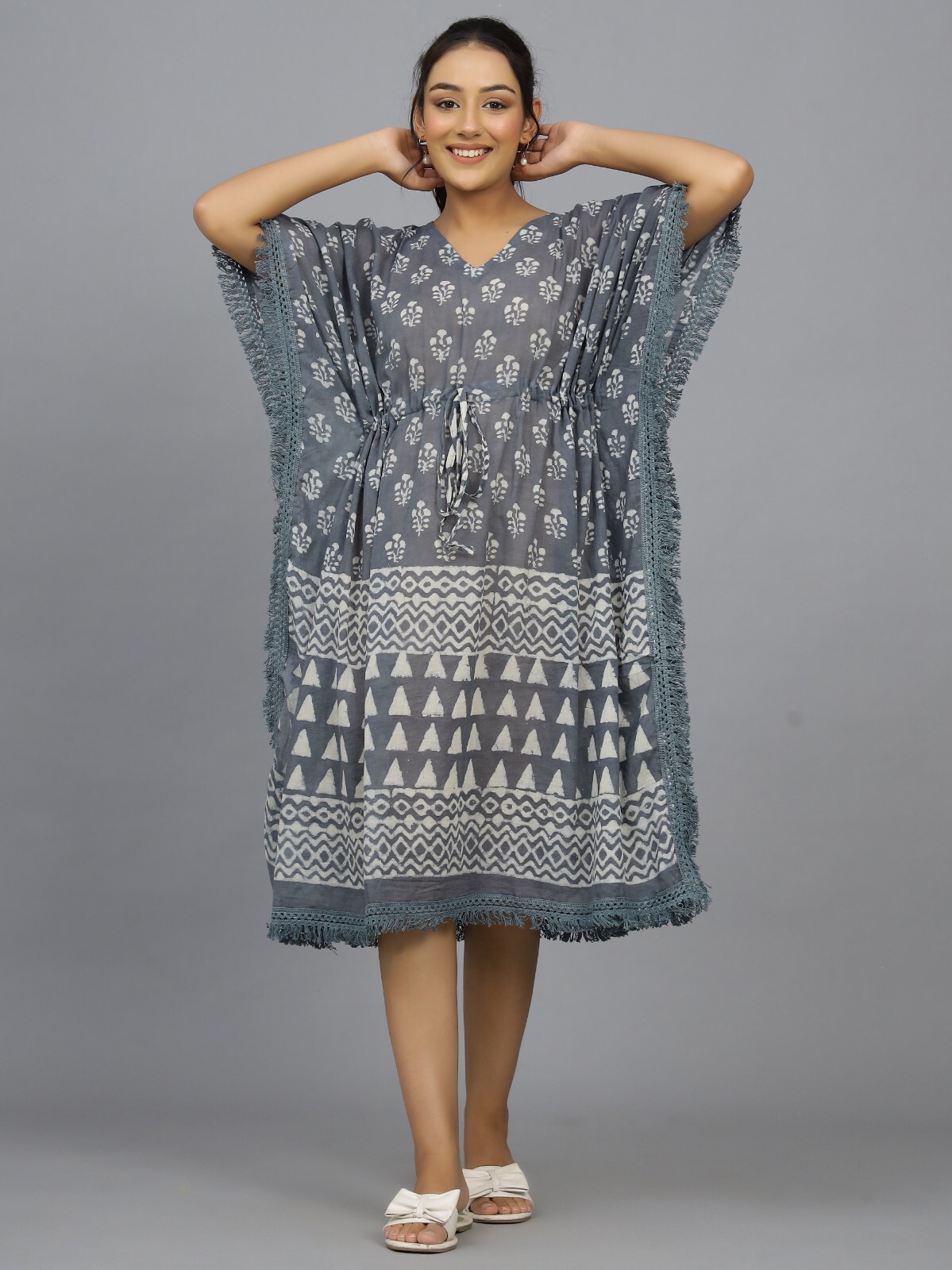 Women’s Ethnic Hand Block Print Cotton Maxi Short Kaftan Nightwear Dress Grey