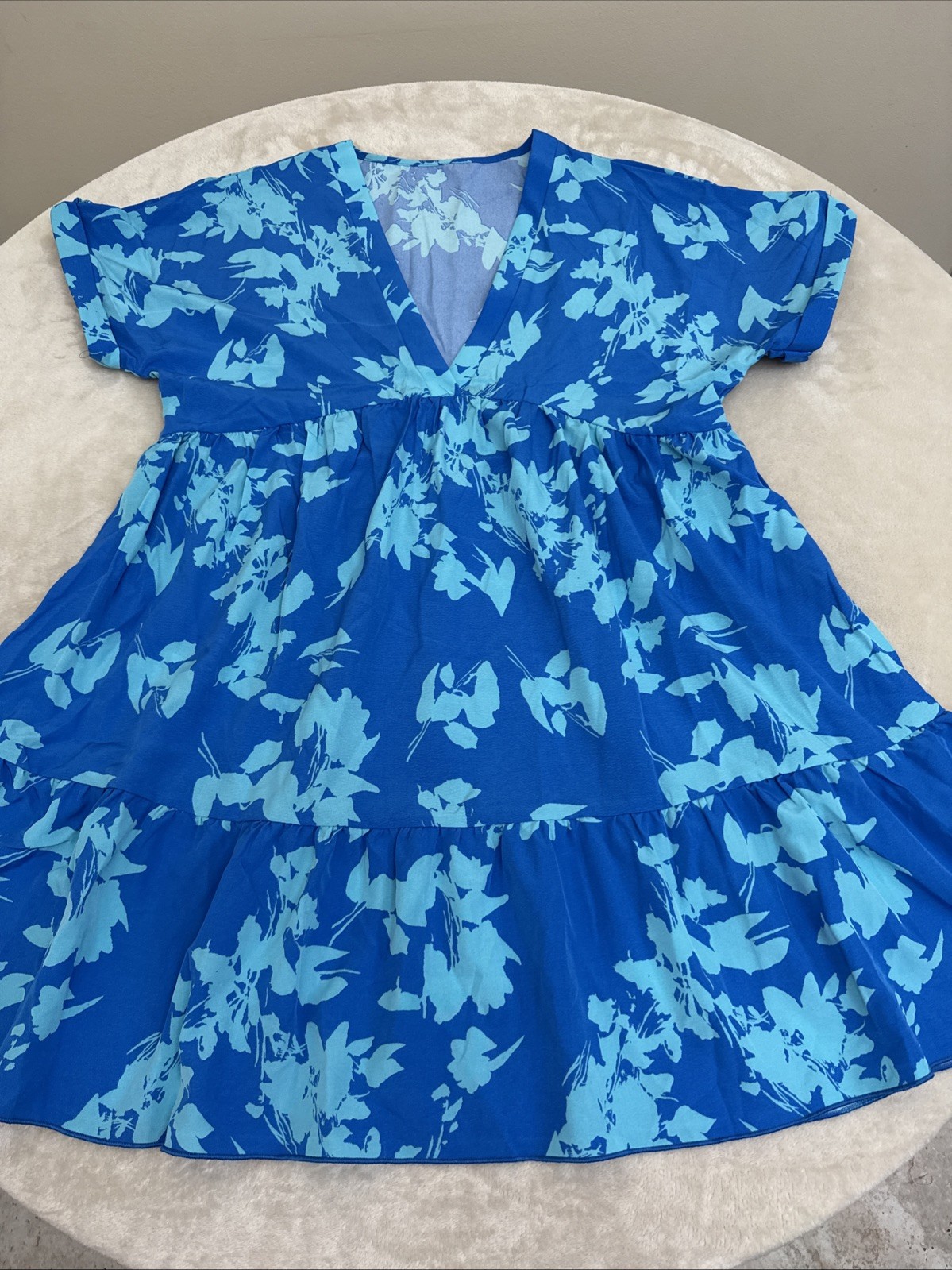 Womans Floral Blue Short Sleeve STRETCH Summer Dress Size LARGE 8/10 NEW!