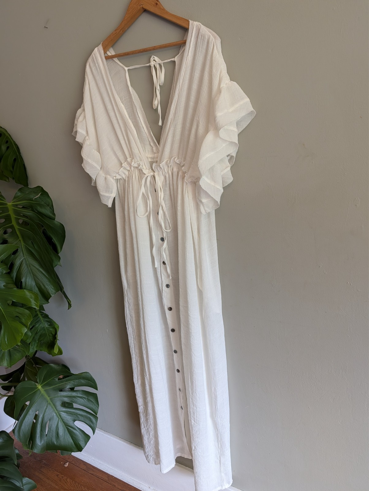 White Gauze Maxi Dress Cover Up Flowy Button Front Tie Back Boho Beach Feminine