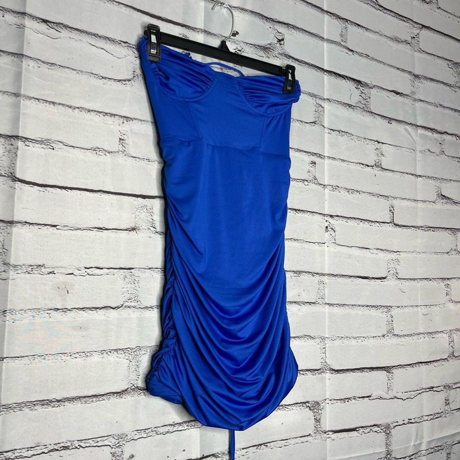 Lucy in the Sky Strapless Dark Blue Dress SZ S Tie Back Ruffled Sheath Designer