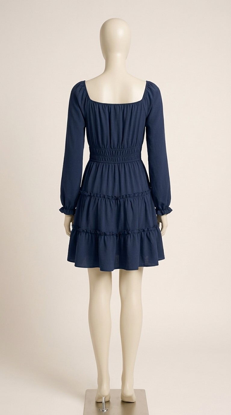 Chicovar Women’s Navy Blue Square Neck Boho Mini Dress Long Sleeve Size L