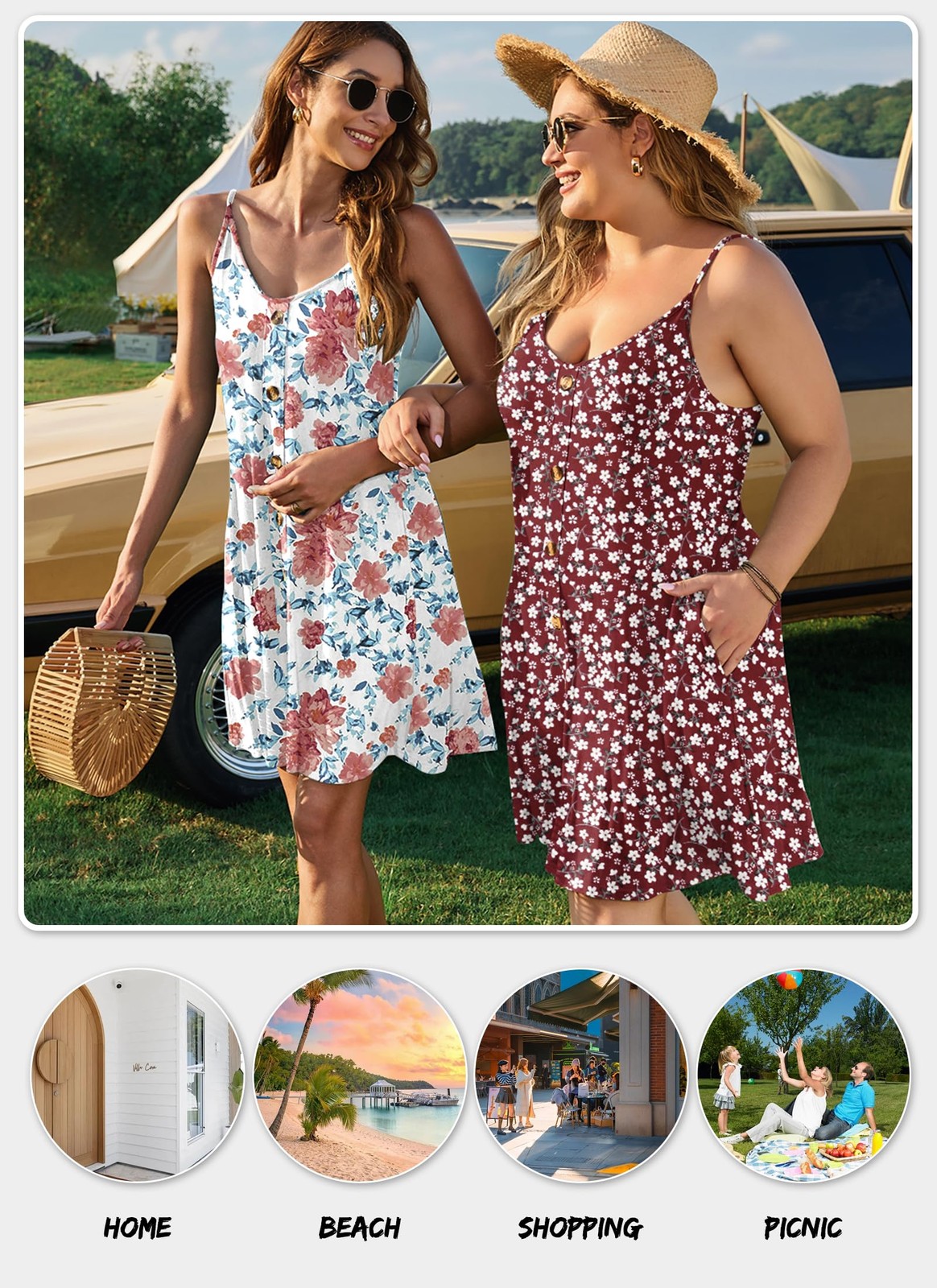 Women’s Summer Spaghetti Strap Button Down V Neck (L ,Boho Floral Red)