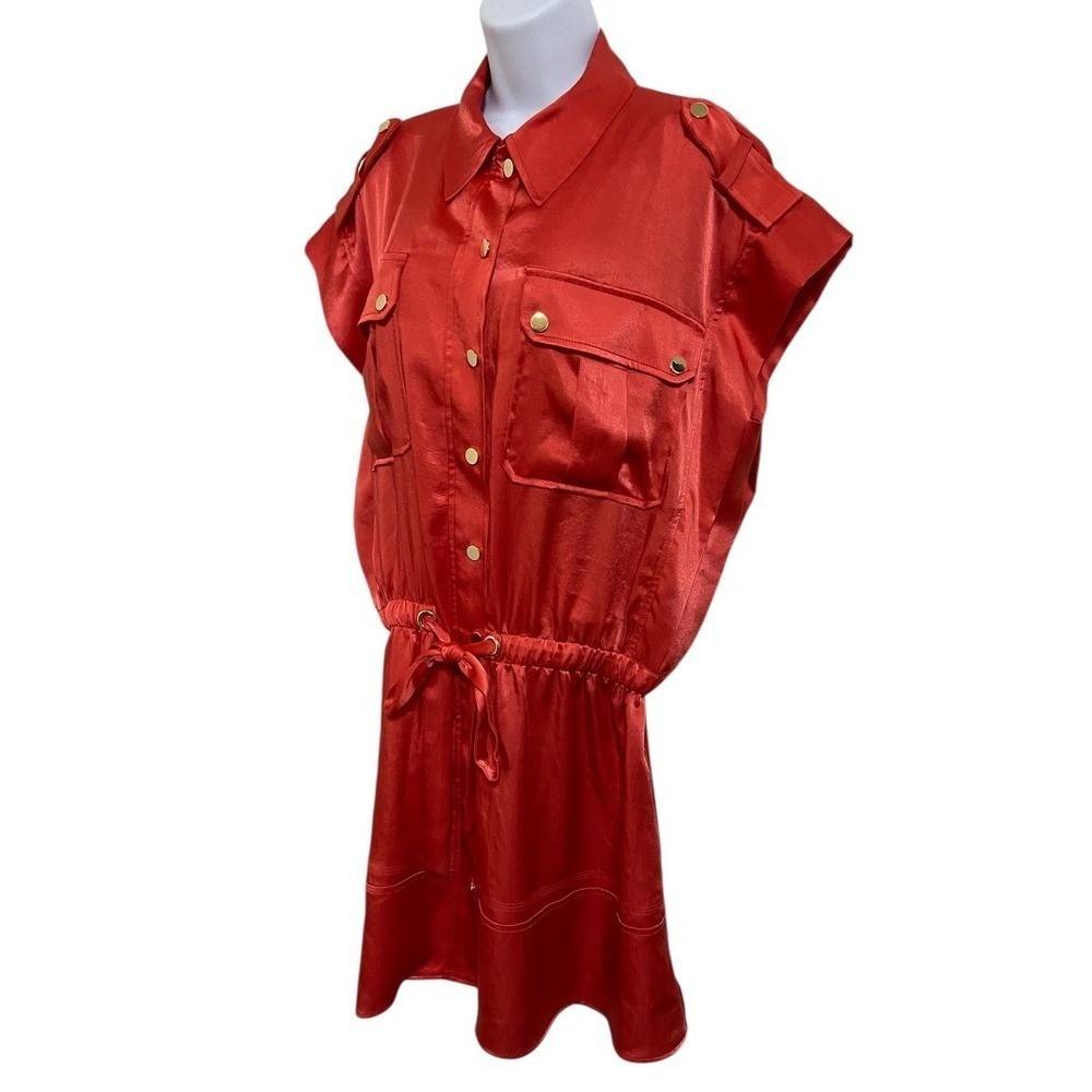 Ramy Brook NEW Vlada Satin Cargo Mini Grenadine Utility Dress Drawstring Waist L