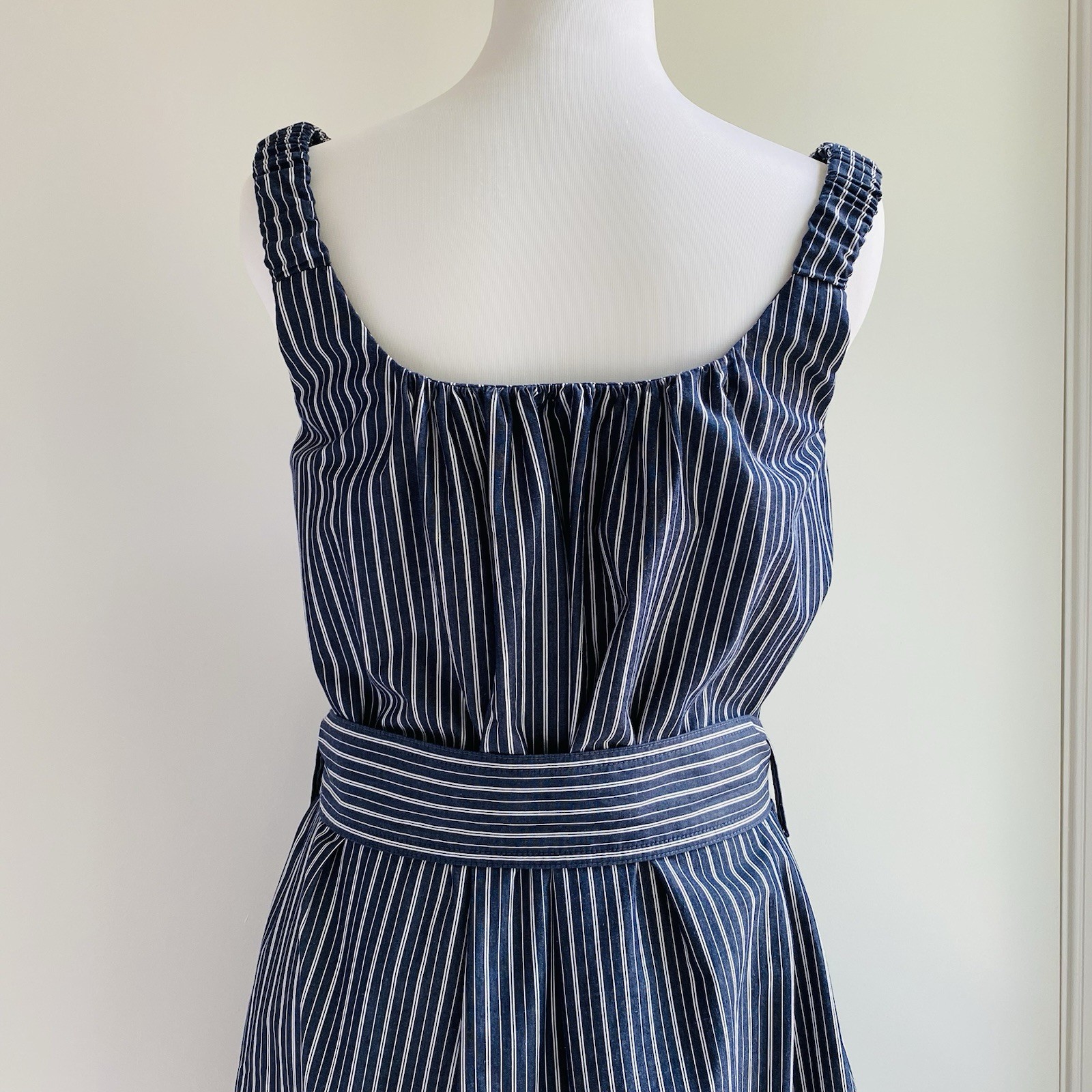 Free Assembly | Belted Cotton Utility Midi Dress Pockets Navy White Striped | XS