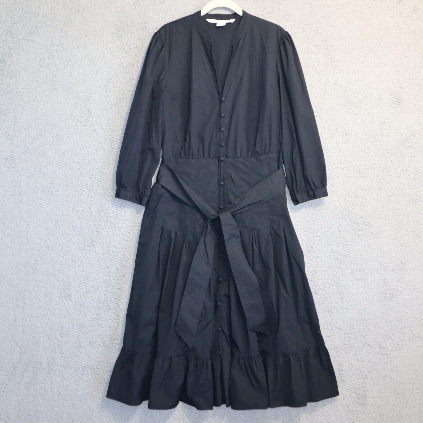Veronica Beard Dress 14 Black Midi Button Belted Izie V Prairie Lined Boho