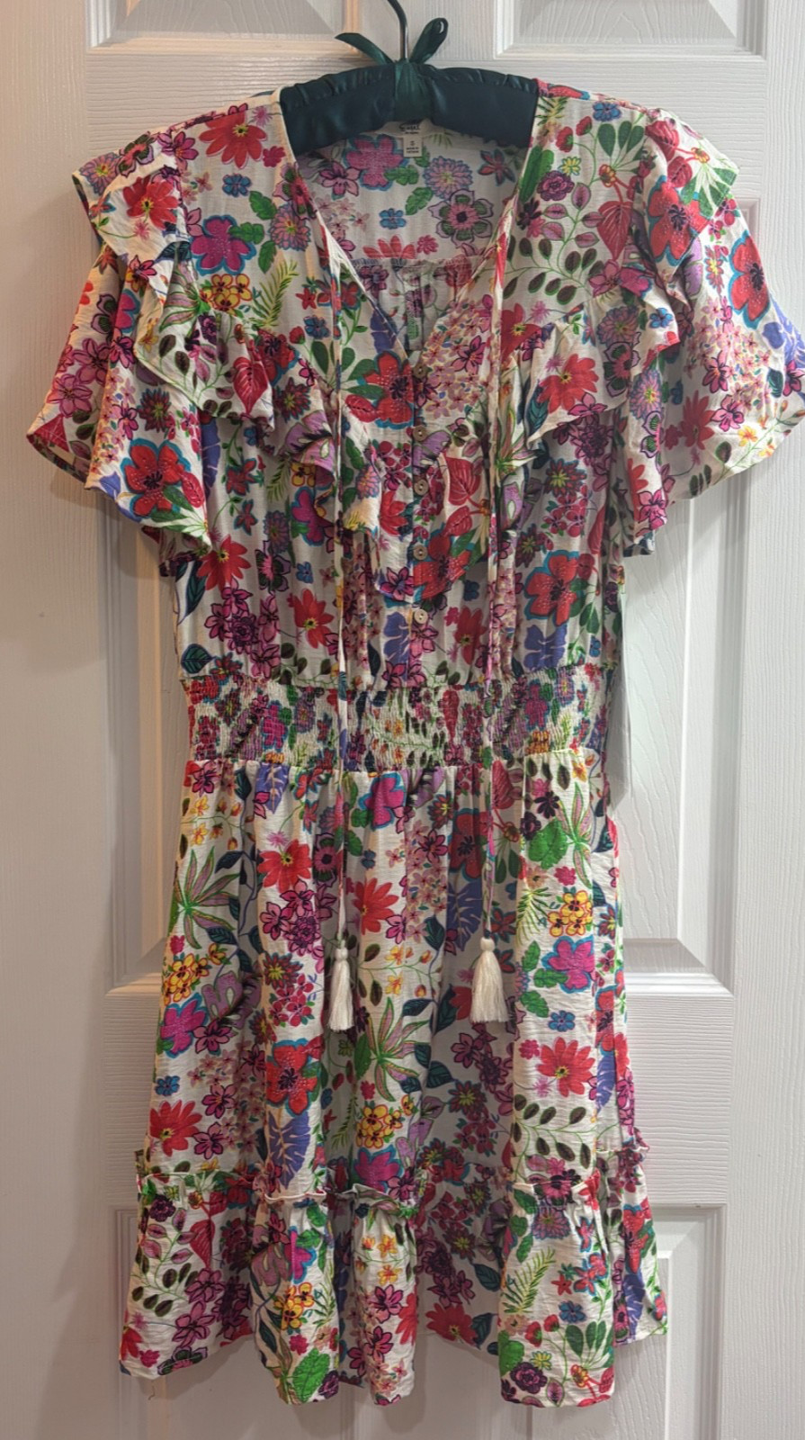 New Easel Boho Floral Button Front Tiered Ruffled Bottom Smocked Dress Small