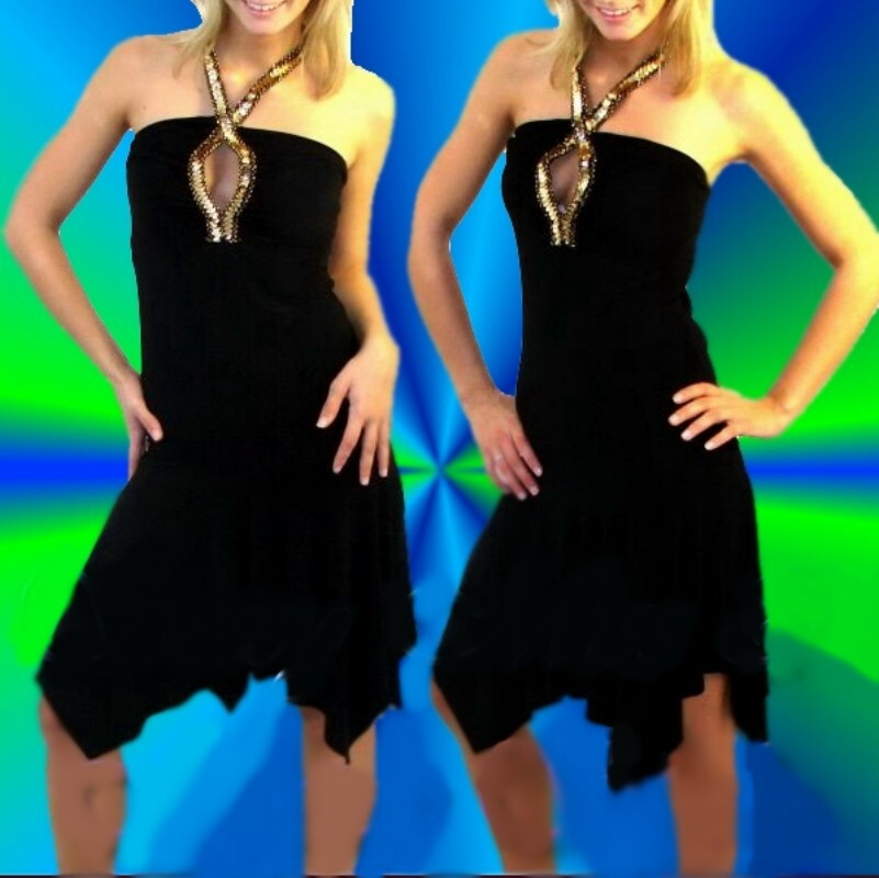SeXy MiSS Womens Neck Salsa Girly Mini Dress 34/36/38 Black Sequin Gold