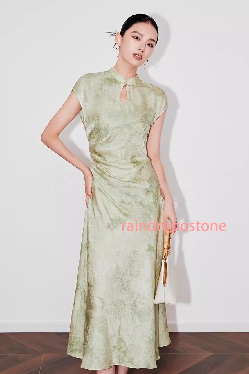 Womens Stand Collar Floral Printed Mid Long Dress Sleeveless Retro Chinese Style