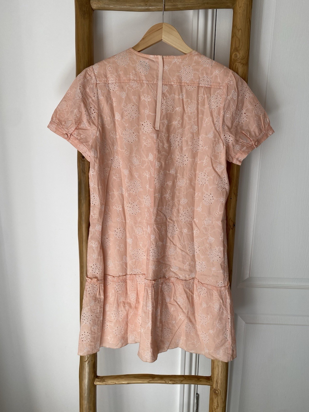 Coach Floral Eyelet Embroidered Mini Dress Womens Sz 12 Peach Ruffle Hemline