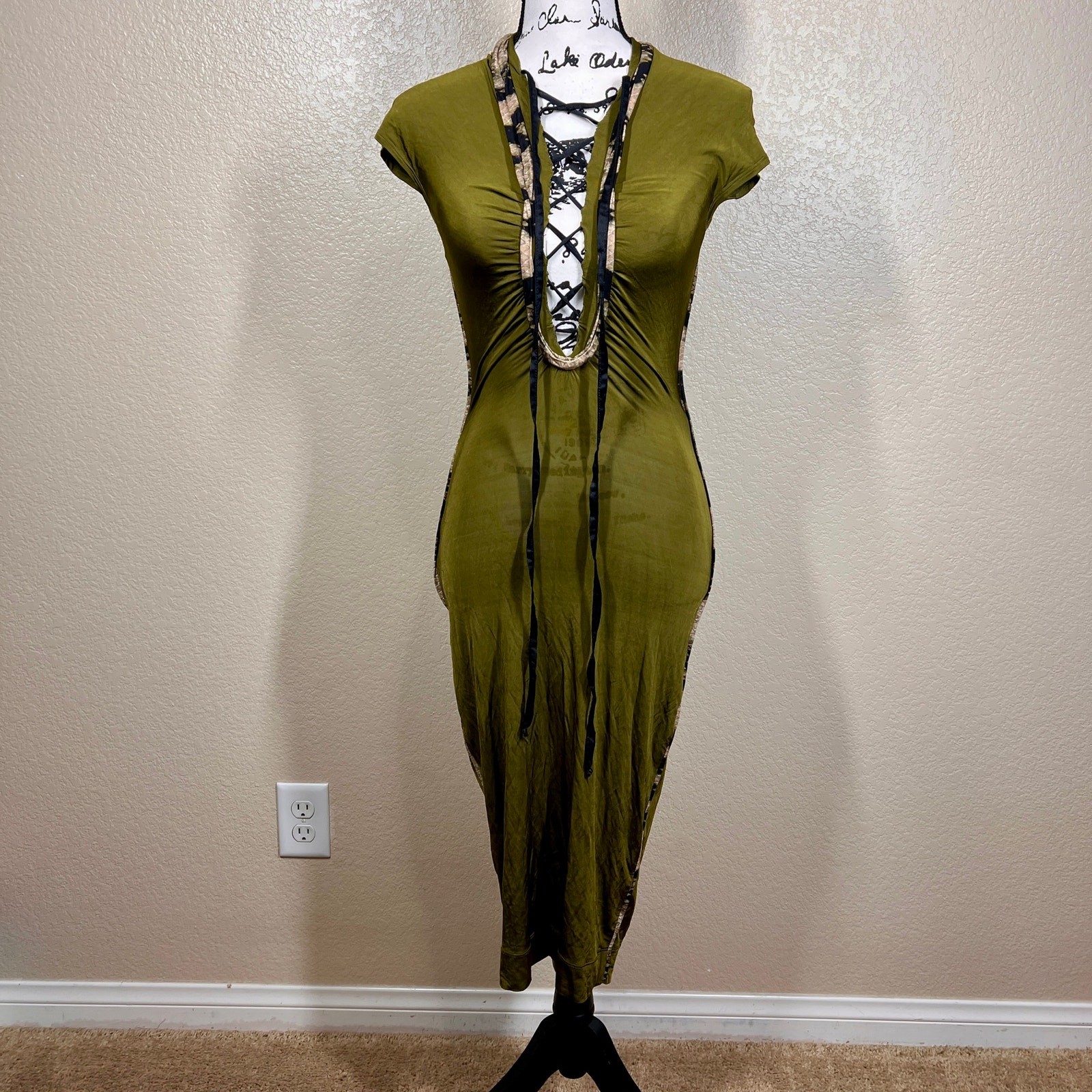 Just Cavalli by Roberto Cavalli olive dress deep lace-up plunging neckline 38