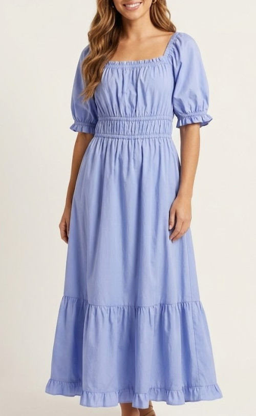 Indigo Rose Periwinkle Blue Smocked Cottagecore Tiered Midi Prairie Dress XL