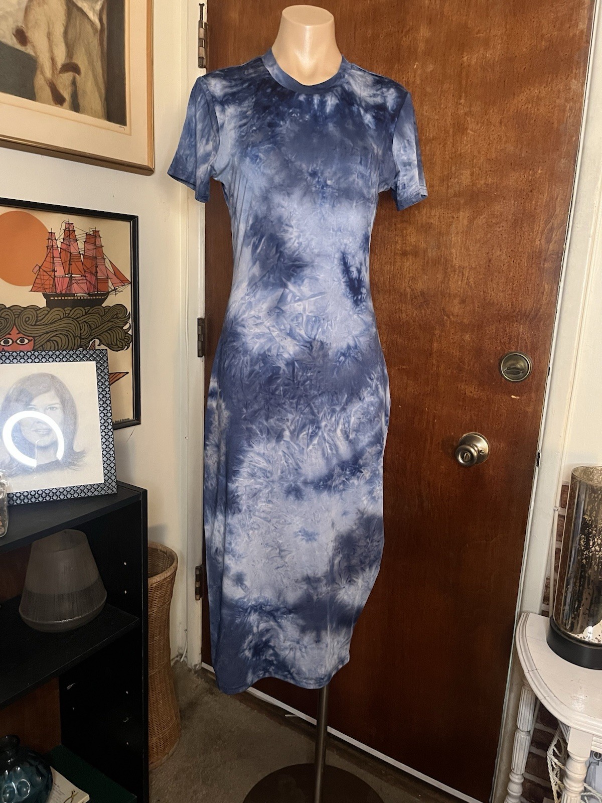 Lovers + Friends Blue Tie Dye Sporty Dress Midi Slit Stretchy Size M