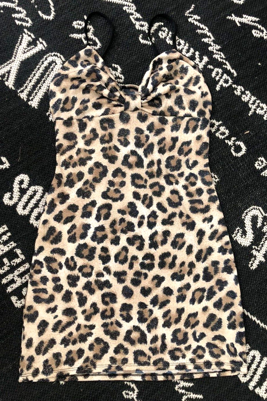 Brown Black Gold Glitter XS/S LEOPARD ANIMAL PRINT Mini SLIP DRESS Bodycon Knit