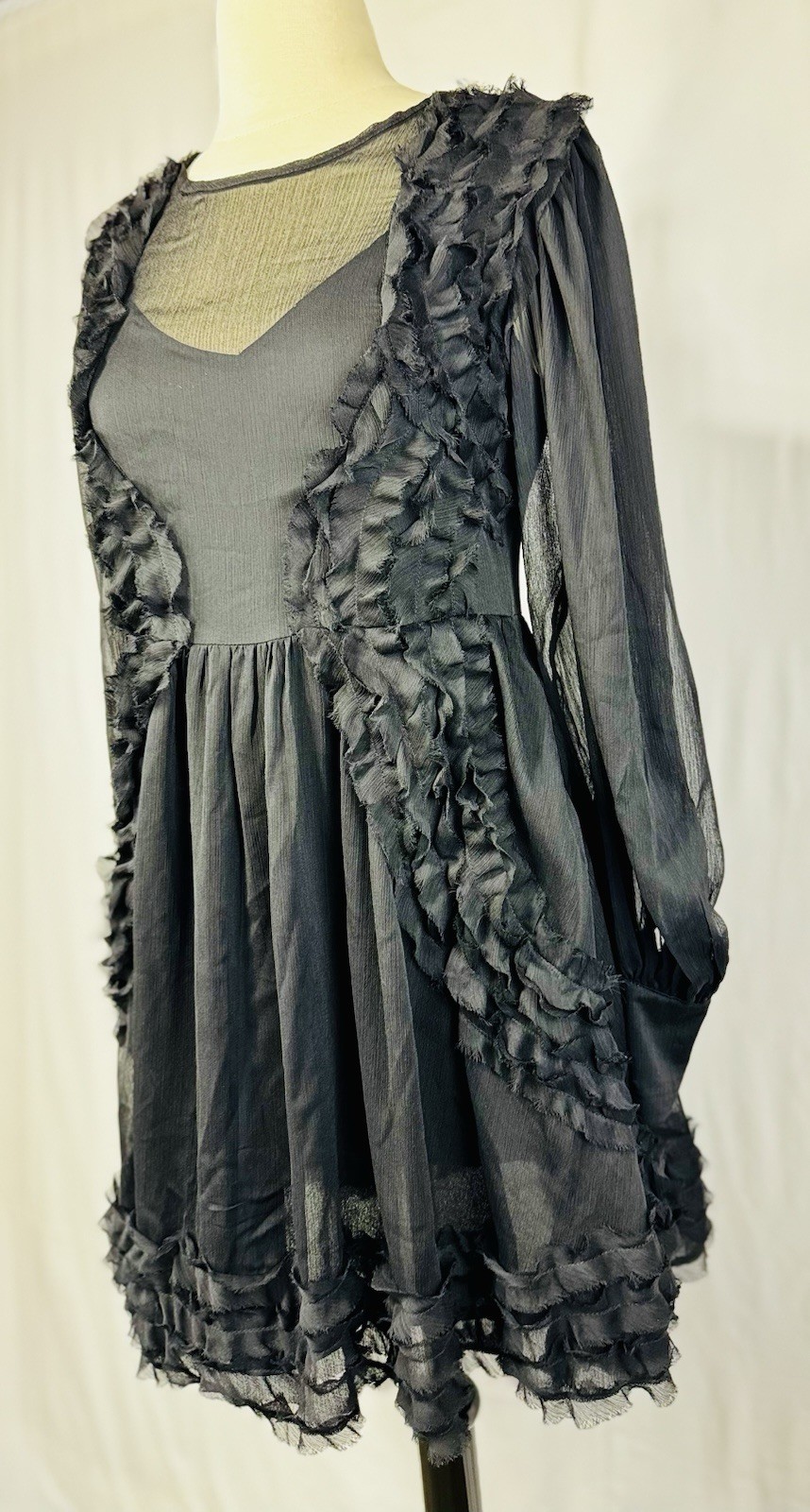O.P.T. Black Chiffon Ruffle Mini Dress Sheer Long Sleeve Size M Goth Cottagecore